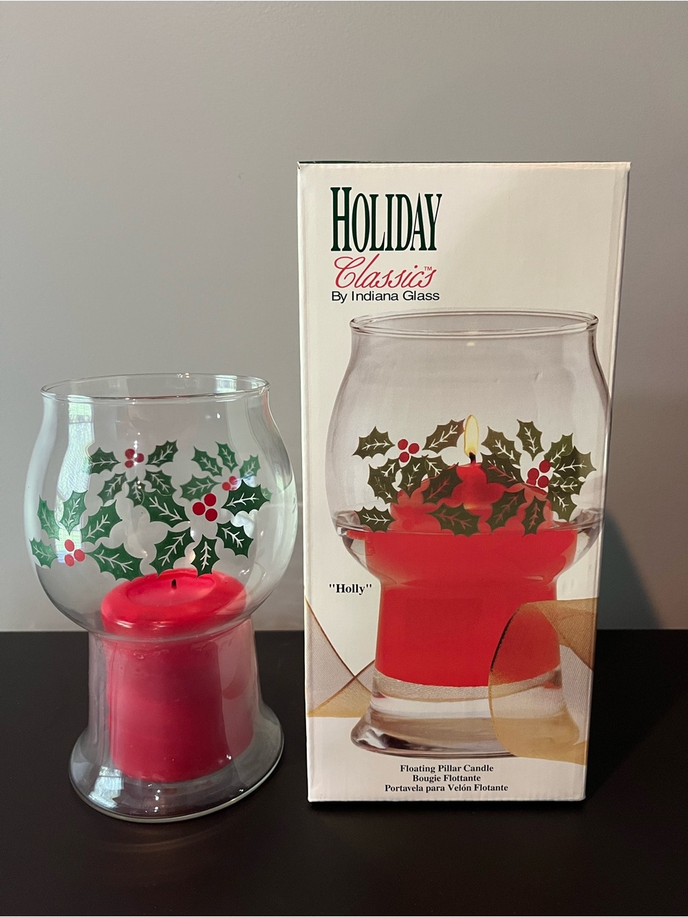 Vintage Indiana Glass, Holiday Classics “Holly” Floating Pillar Candle Holder